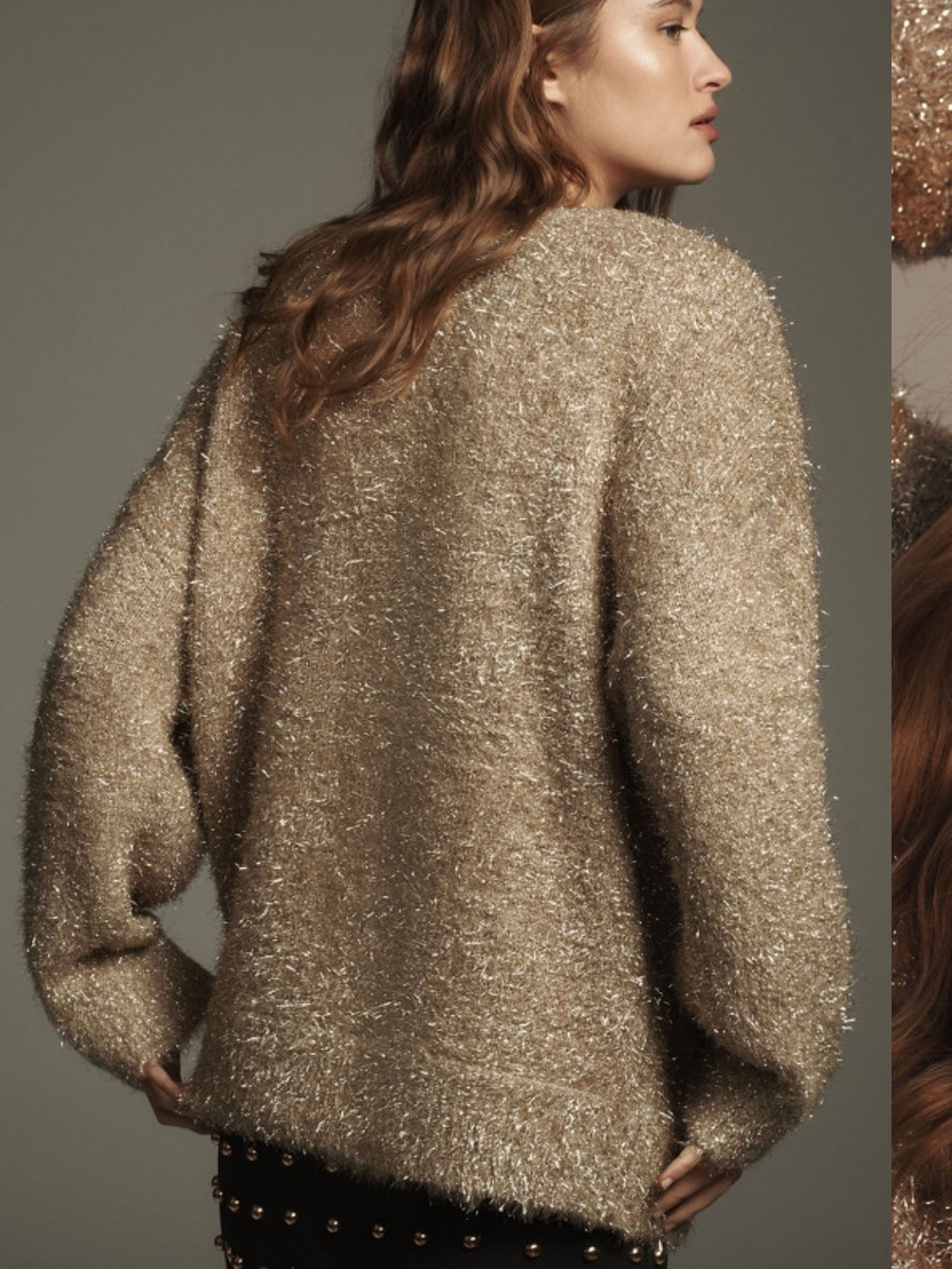 Anthropologie Metallic Tan Crewneck Tinsel Eyelash Sweater Oversized Size XS